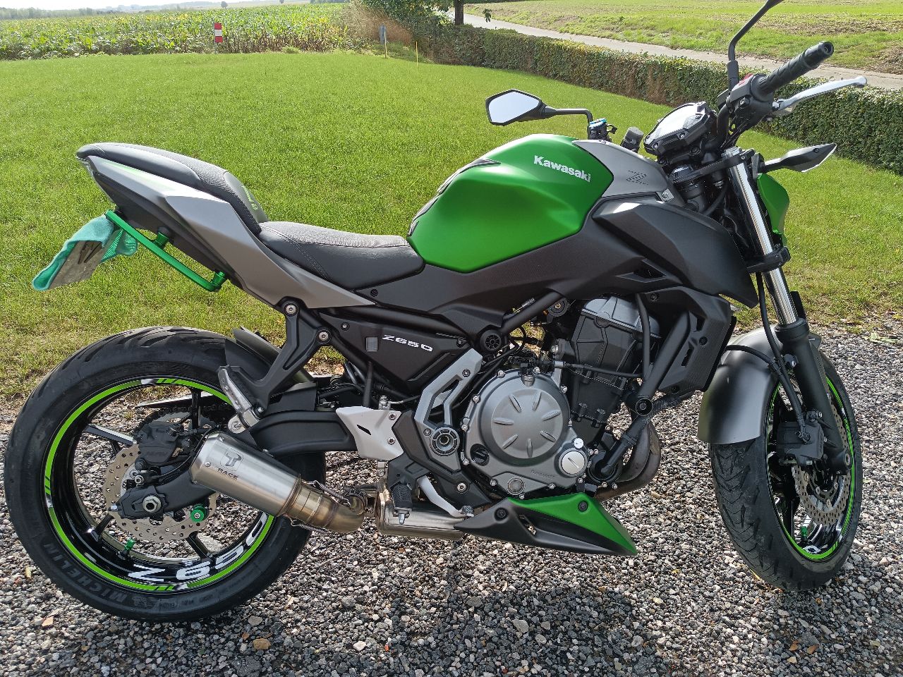 Kawasaki Z650 verte avec liserés, vue latérale